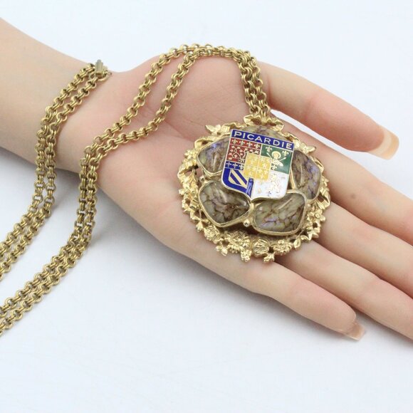 Accesocraft Picardie Royal Coat Of Arms Of France Three Red Lion Brooch Necklace - Picture 1 of 10